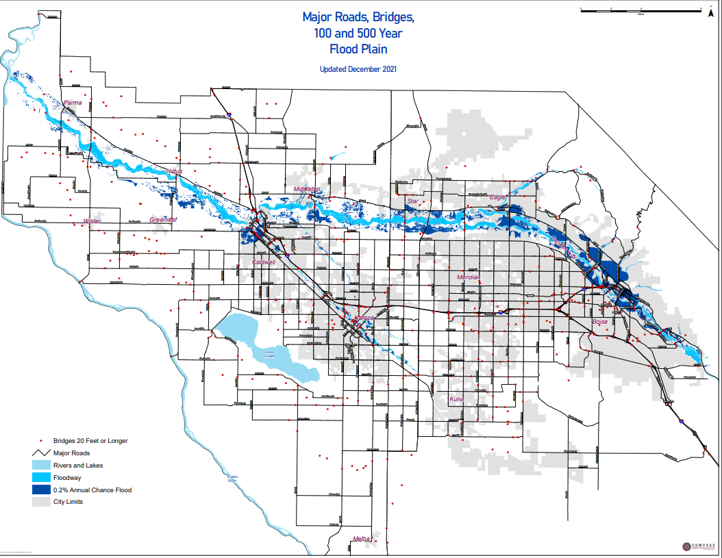 Map depicting mjajor roads, bridges, and 100 and 500 year flood plain