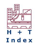 Image of tall buildings in background and a light rail train in the foreground with the words "H + T Index" below