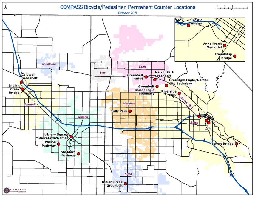 Map depicting the COMPASS Bicycle and Pedestrian permanent Counter Locations from October 2021